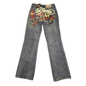 ED HARDY Multi Tattoo Low Waist Baggy Jeans Womens 24 Painted Logo Koi Wide Leg
